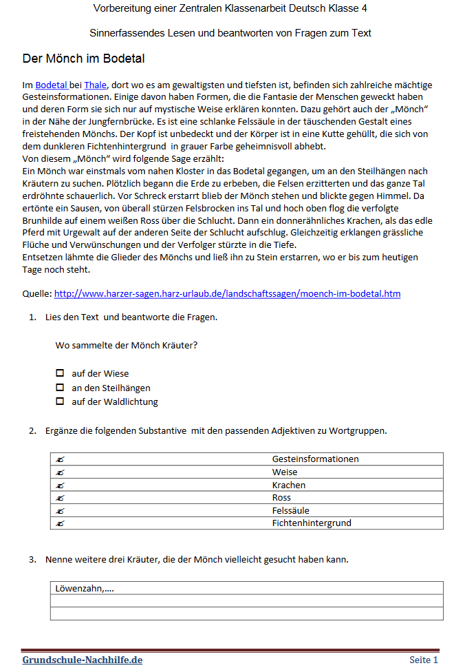 Arbeitsblatt Deutsch Klasse 4,5,6 Sinnerfassendes Lesen und Fragen zum